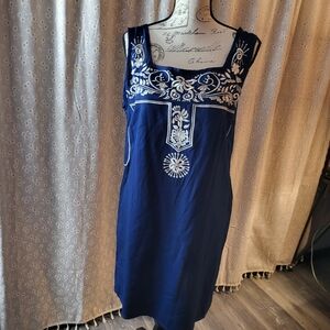 Escapada Embroidered Shift Dress Navy Cream Size L NWT